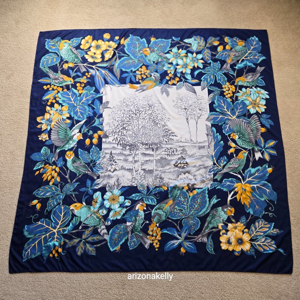 HUGE Silk Wrap Scarf Birds Blue Yellow - Picture 4 of 13